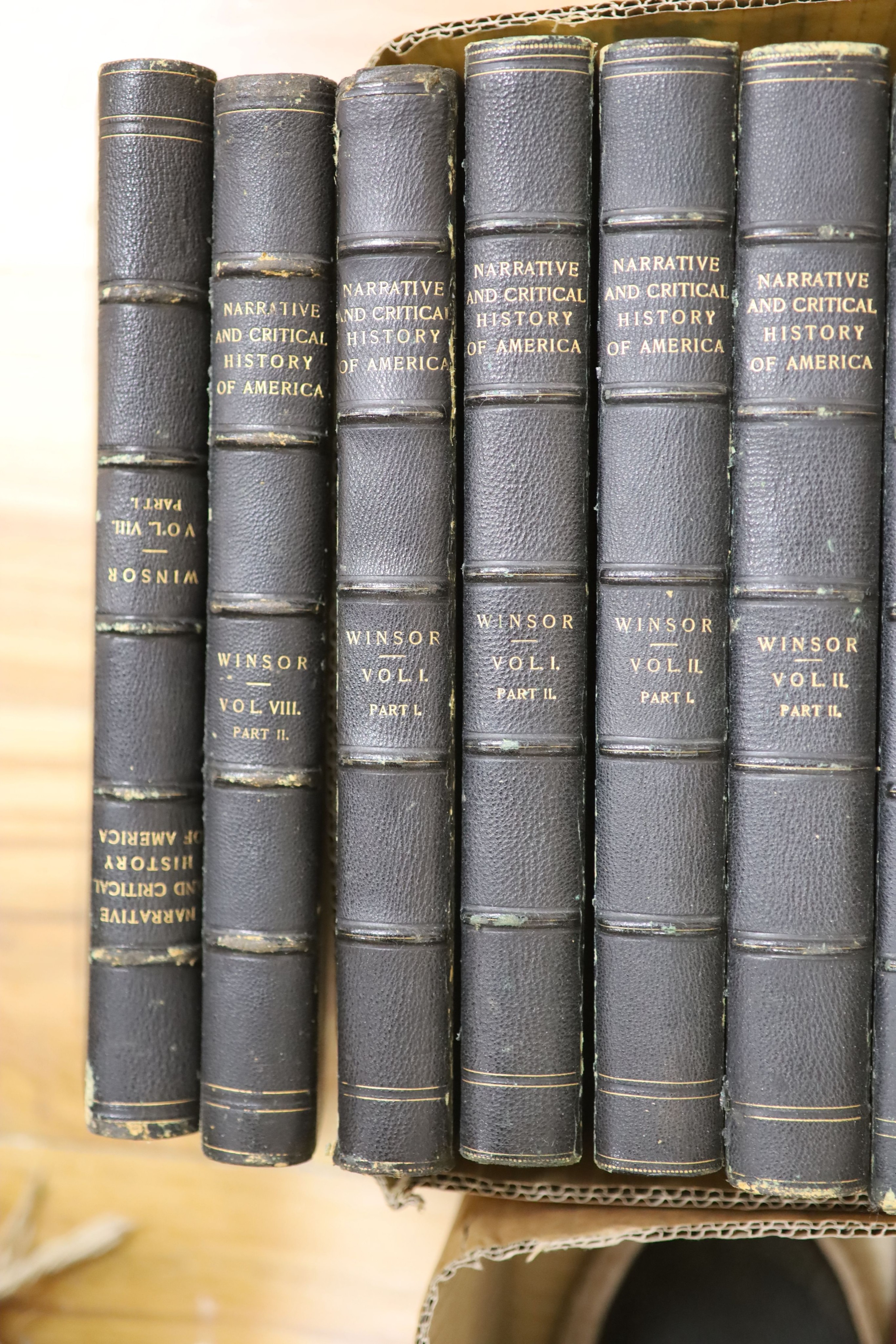 Winsor, Justin - Narrative and Critical History of America. 1st edition, 8 vols in 16. Complete with at least 19 illustrated plates, 2 of which are in colour, plus numerous text illustrations (many full or double page).